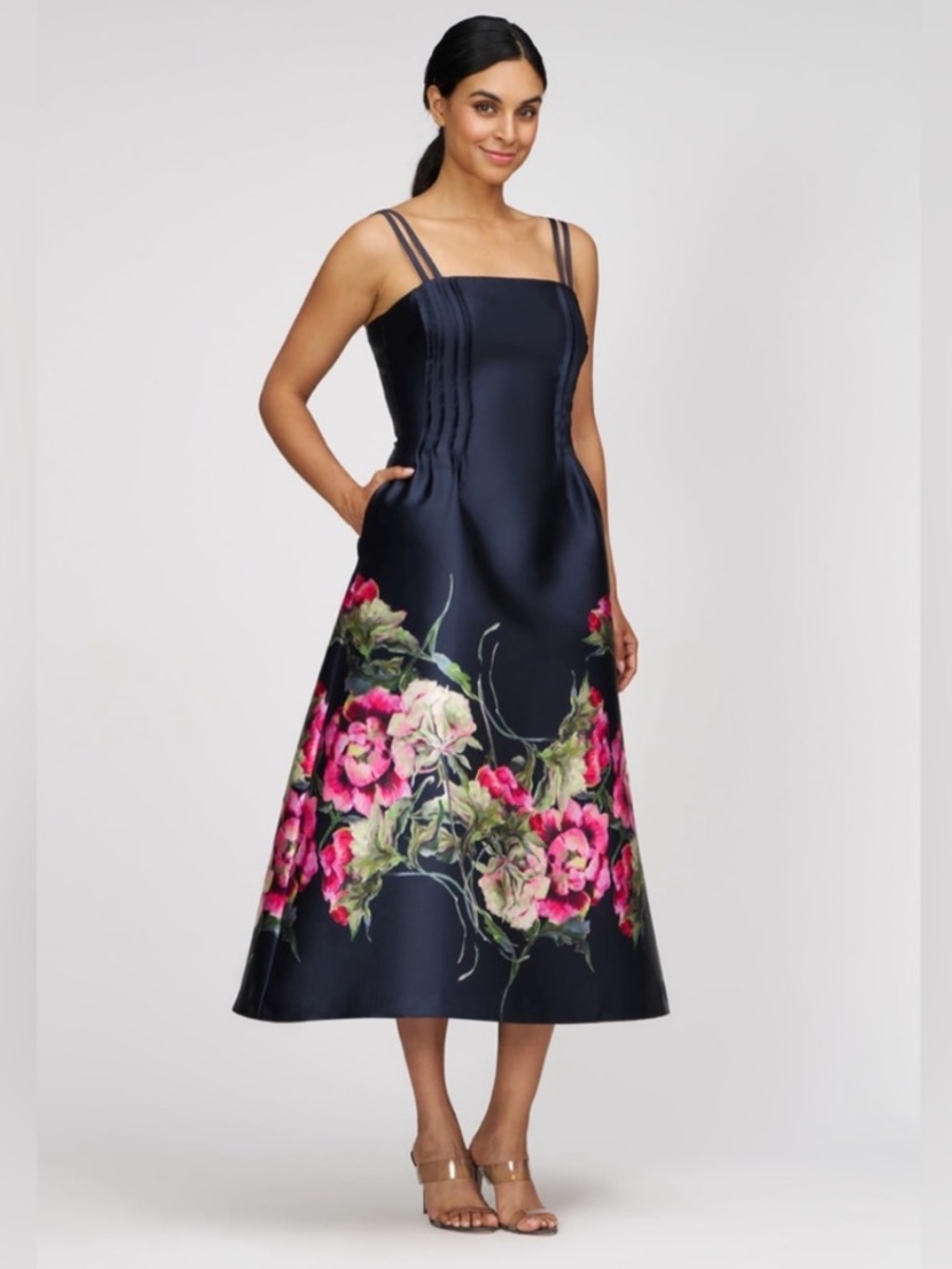 Kay Unger Margot Midnight Blue Tea-Length Skirt with Pink Floral Border